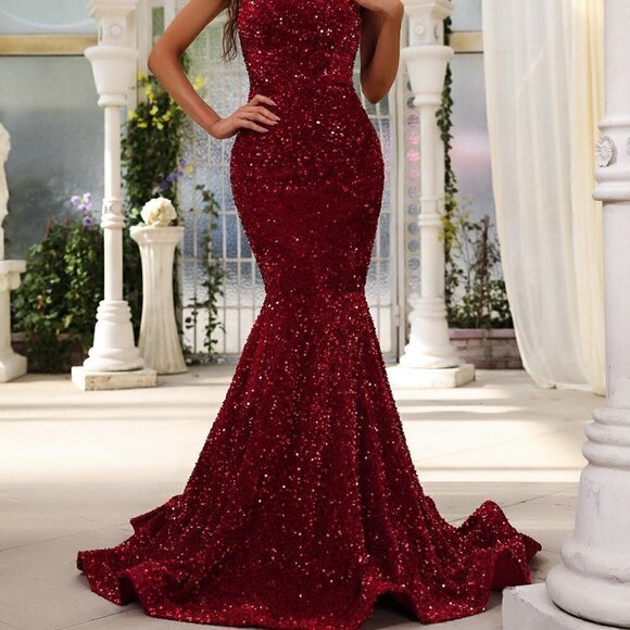 Burgundy Preppy Womens One Shoulder Mermaid Hem Sequin Formal Dress - Picture 4 of 5